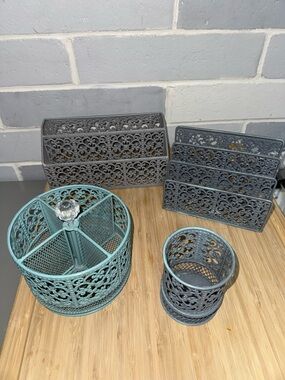 Ornate Metal Desk Organizer Set in Teal and Grey